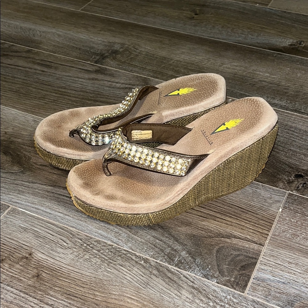 Volatile Brown Wedge Shoes with Metallic Accents